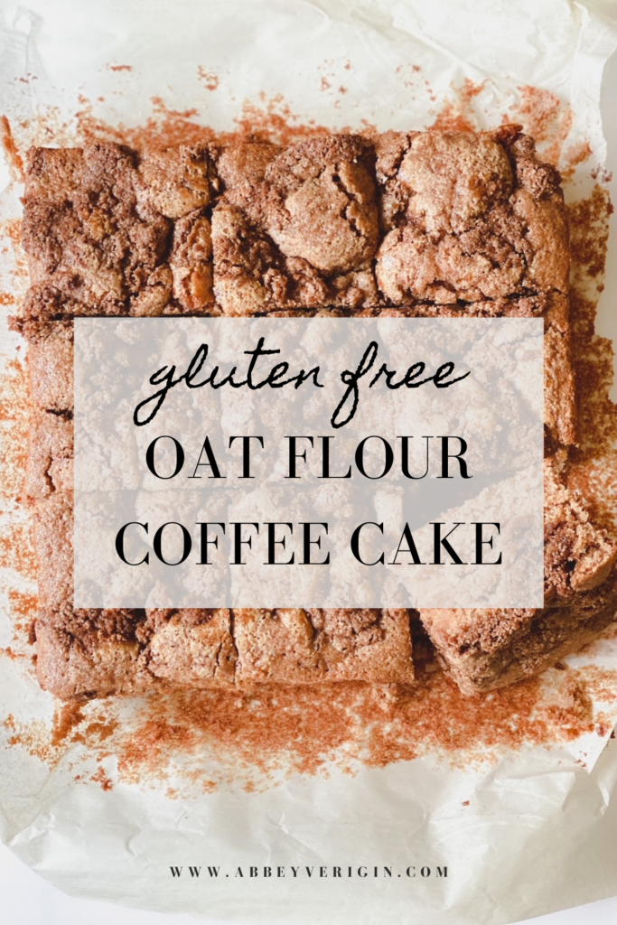 overhead shot of sliced coffee cake pinterest graphic with text overlay