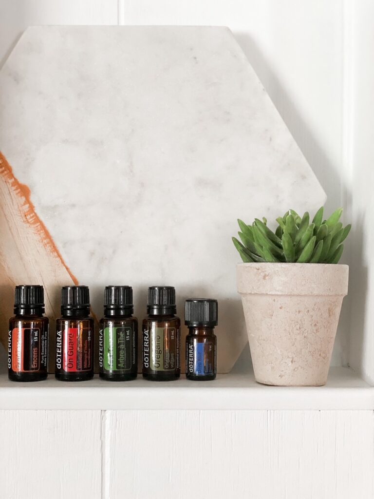 essential oils lined up on wall shelf with a succulent and a marble and wood board
